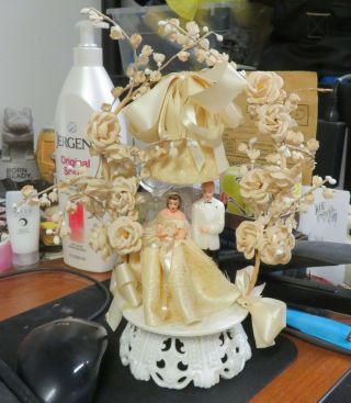 Vintage Wedding Cake Topper Bride Groom Lilies Of The Valley Roses Bell