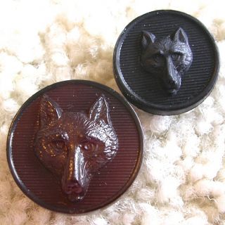 Charming Mother - Daughter Pair Antique Black Glass Fox Face Buttons