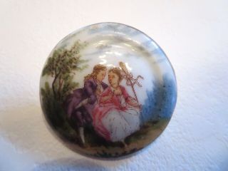Antique Porcelain Button - Size Large.  Transfer Design Of A Wooing Couple.