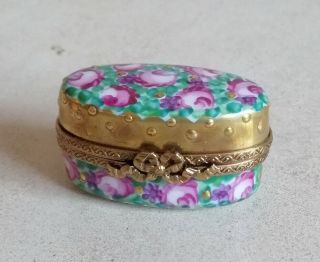 Rare Limoges Trinket Box Oval Shape Gold And Purple Flowers