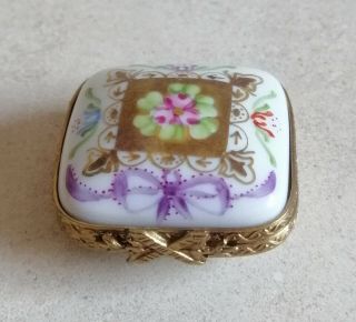 Rare Limoges Trinket Box Square Shape With Gold And Multicolor Flowers