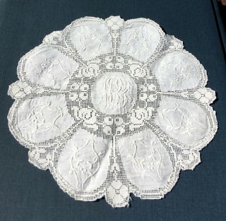 Unusual Antique Handmade Embroidered Lace Drawnwork Doily