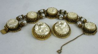 Rare Vintage 3pc Freirich Faux Pearl Chunky Bracelet Earring Set Signed Vg