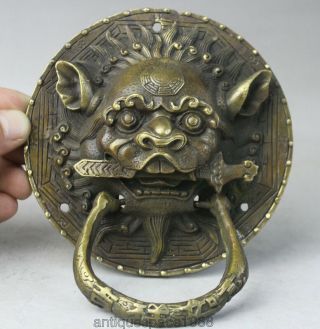 Exquisite Chinese Old Dynasty Feng Shui Bronze Foo Fu Dog Lion Head Door Knocker