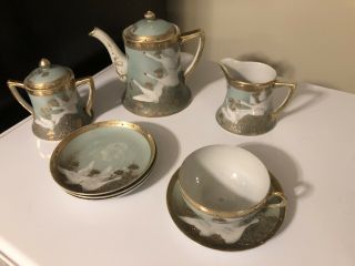 Nippon Flying Geese Gold Pagoda Tea Set Hand Painted Antique Rare