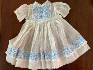 Vintage White Organdy & Blue Cotton Dress For Doll - Bisque Composition,  Antique