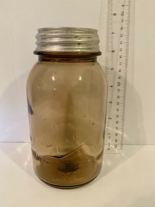Antique Amber Brown Drey Quart Canning Jar W/ Lid Regular Mouth - Ball