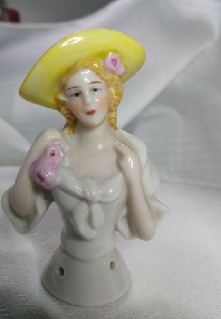Germany Half Doll Pincushion 3 Inches Sweet Young Lady With Yellow Hat