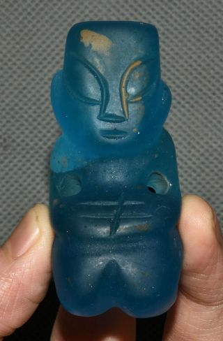 6cm Chinese Hongshan Culture Blue Crystal Carved People Person Amulet Pendant
