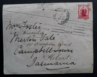 Rare 1908 Zealand Cover Ties 1d Stamp Cancelled Wellington To Tasmania