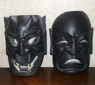 Set Of 2 Vintage Japanese Noh Hannya Wooden Face Masks Wooden Demon Devil Oni