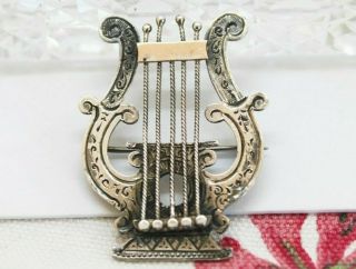 Antique Arts And Crafts Sterling Silver Lyre Pin Brooch