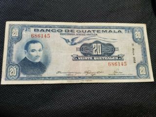 Guatemala 20 Quetzales 1952 Banknote Very Rare And Scarce