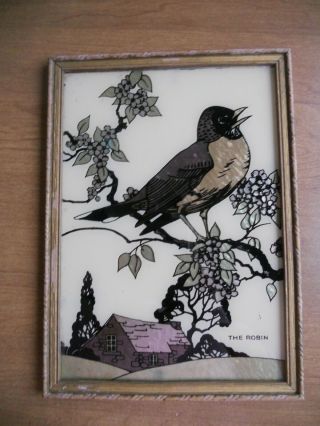 Art Deco Butterfly Wing Picture (reverse Painting) Of Robin In Frame