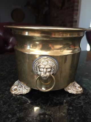 Antique Footed Solid Brass Planter Pot Bowl Jardinere Lion Head Handles