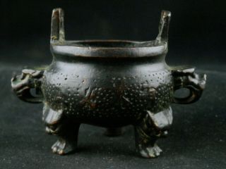 Unusual Antique Chinese Ming Dy Bronze 2dragons 3feet Incense Burner F058