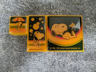 Set 3 Vtg Snoopy Peanuts Trinket Ring Boxes Yellow Rainbow Bubbles Umbrella Rare