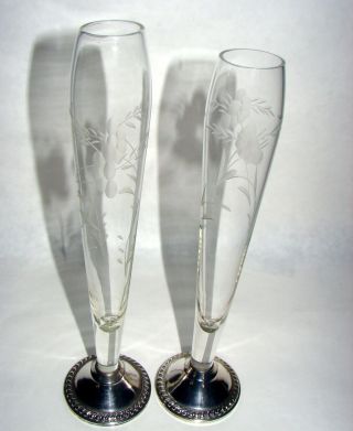 2 Crystal Bud Vases With Sterling Silver Base Floral Cutting Decor Marked