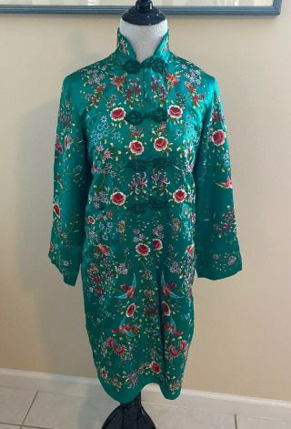 Vintage Plum Blossoms Green Silk Chinese Embroidered Long Jacket Robe Sz 32