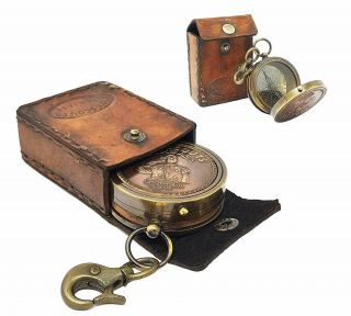 Brass Boy Scout Compass Collectible Marine Compass With Brown Leather Case.