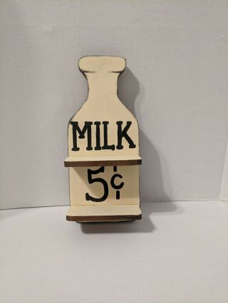 Rare Vtg Milk Bottle 5 Cents Wood Sign Country Farm Farmhouse Kitchen Wall Decor