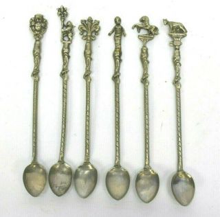 Vintage Set 6 Montagnani Italy Silver Plate Cocktail Long Spoons Figural Tops