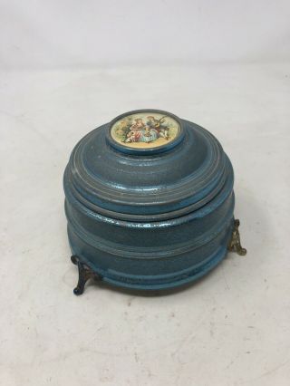 Antique Powder Jar Music Box With Claw Feer Blue