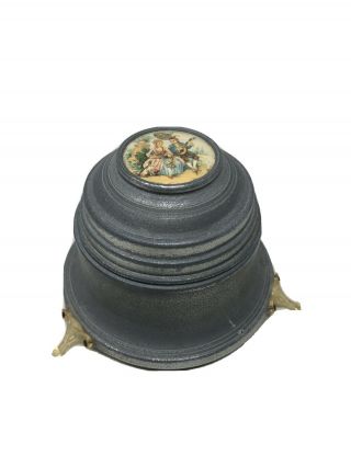 Antique Powder Jar Music Box With Design On Top And Claw Feet