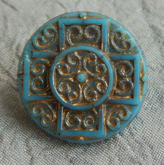 Antique Victorian Glass Button Turquoise Blue With Gold Luster Apx:3/4 " 1322 - A