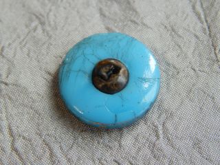 Antique Victorian Glass Button Turquoise Blue with Gold Luster Apx:3/4 