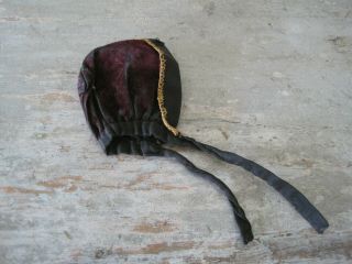 Old Primitive Hand Made Little Rag Doll Bonnet With Ties Velvet And Black Fabric