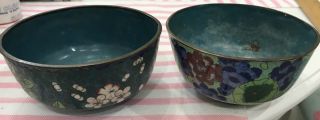 Set Of 2 Antique Vintage Chinese Enameled Cloisonne Bowls - Blues & Greens & Red