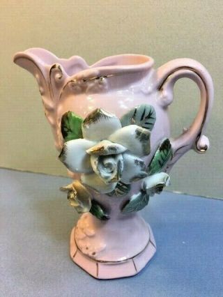 Vintage Antique Porcelain Pink Pitcher Vase W Roses,  Gold Highlights