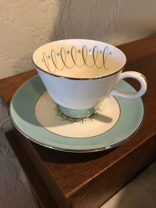 Vintage 1950s Mid Century Modern Turquoise And White Tea Cup Teacup And Saucer