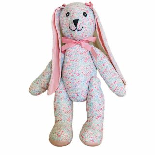 Vintage Pink Flowery Design Handmade Bunny Rabbit Cloth Doll W/ Long Floppy Ears