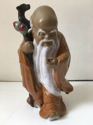 Vintage Chinese Mud Man Figure Shiwan Pottery Old Man Rare With Stick