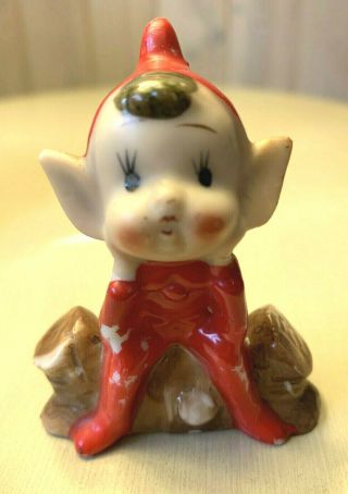 Rare Vtg.  Ceramic/porcelain 1950s Red Pixie Elf Figurine - Glazed Bisque - Japan