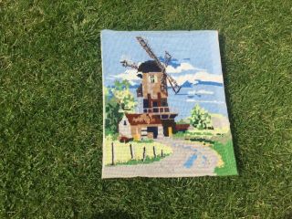 Vintage Old Tapestry Embroidered Picture Hand Stitch Windmill Countryside Rural
