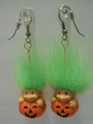 Russ Earrings Halloween Vintage Troll Doll Jol Pumpkin Green Hair Vgc