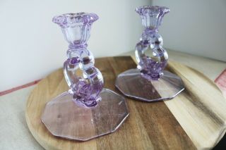 Rare Antique Set 2 HEATHERBLOOM Purple/Violet keyhole candle holders 3400/646 2