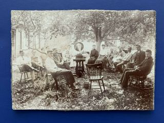 Antique Cabinet Card Photos Group Of People Listening To Victrola Phonograph