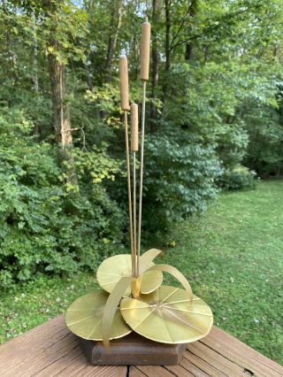 Vintage Mid Century Modern Cattail Lily Pads Brass On Wood Brutalist Metal Art