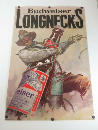 Vintage 1981 Budweiser Longnecks Poster Beer Bottle Ad Sign Bar Art Cowboy Rodeo