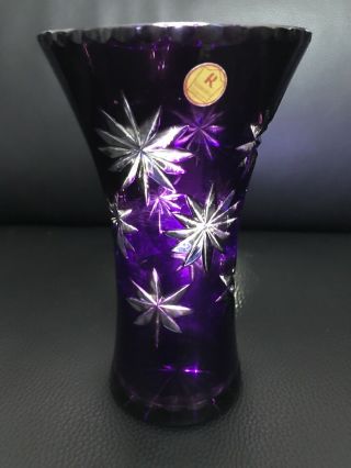 Vintage Rare Amethyst Bohemian Crystal Cut To Clear Glass Vase 8”