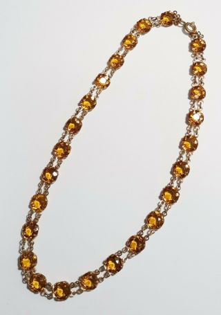 Antique Art Deco Chain Of Amber Rhinestone Links Goldtone Choker Necklace