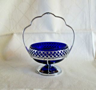 Vintage Mayell England Sugar Bowl Cobalt Blue Glass In Queen Anne Cradle Vgc