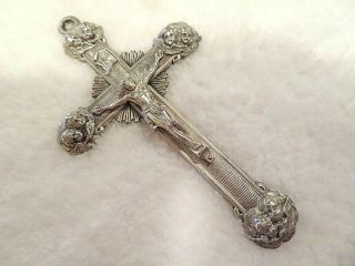 Rare Antique Ornate Large Silver Crucifix Cross With Angel Cherubs 4 1/4 "