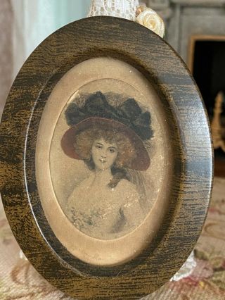 Antique Miniature Dollhouse French Early 1900s Framed Etching Pretty Lady In Hat