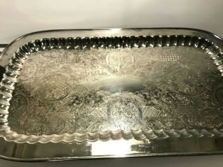 LARGE HEAVY VINTAGE DOUBLE HANDLE RECTANGULAR SILVER PLATED FOOTED SERVING TRAY 3