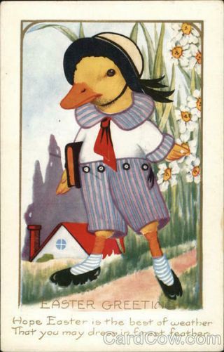 Easter Animals Duckling In Schoolboy Clothing Whitney Made Antique Postcard